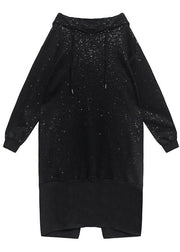 Sweater women's autumn winter loose hooded Plush shiny black dress - SooLinen