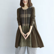 Tea green patchwork plaid cotton dresses oversize casual shift dresses