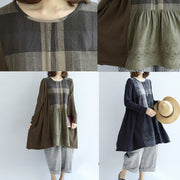 Tea green patchwork plaid cotton dresses oversize casual shift dresses