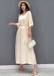 2024 Beige O-Neck Oversized Tie Waist Silk Long Dress Half Sleeve