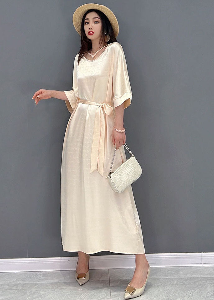 2024 Beige O-Neck Oversized Tie Waist Silk Long Dress Half Sleeve