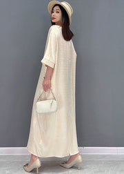 2024 Beige O-Neck Oversized Tie Waist Silk Long Dress Half Sleeve