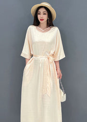 2024 Beige O-Neck Oversized Tie Waist Silk Long Dress Half Sleeve