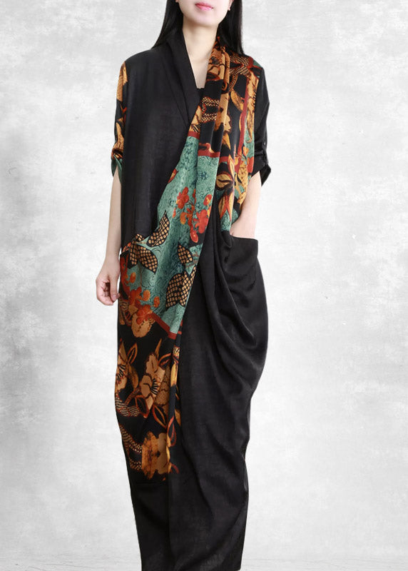 2024 Black Red V Neck Asymmetrical Print wrinkled Pockets Silk Dress Half Sleeve