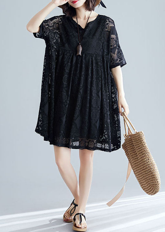 2024 Black V Neck Wrinkled Exra Large Hem Lace A Line Dress Short Sleeve