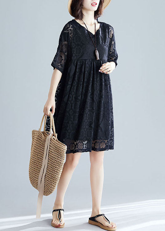 2024 Black V Neck Wrinkled Exra Large Hem Lace A Line Dress Short Sleeve