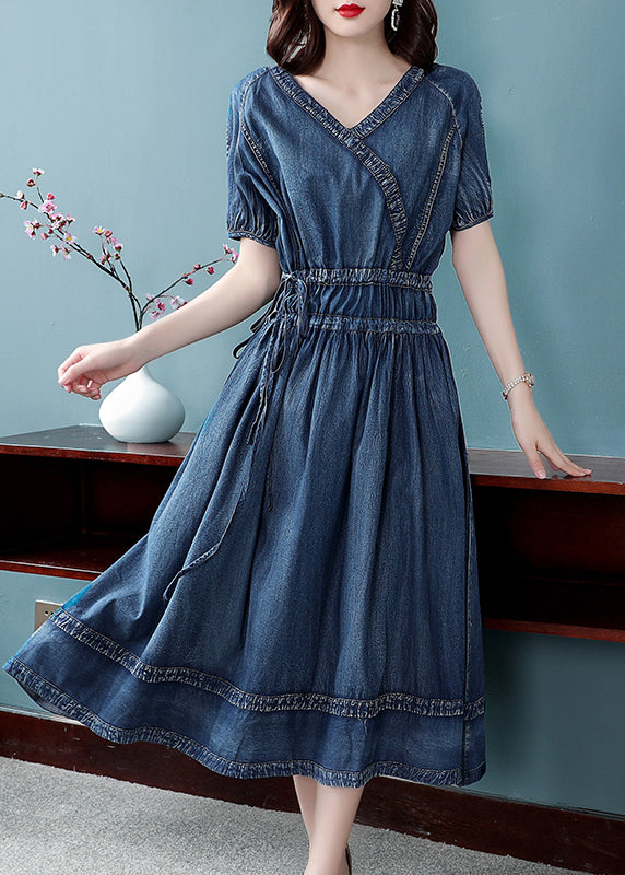 2024 Blue Cinched V Neck Cotton Denim Dress Short Sleeve