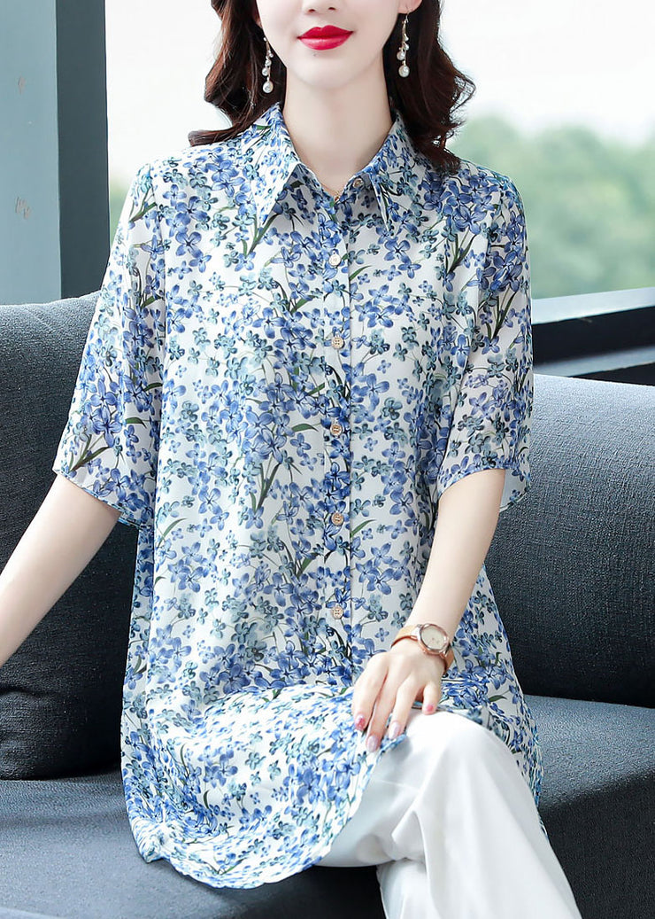 2024 Blue Peter Pan Collar Print Chiffon Long Blouse Top Half Sleeve