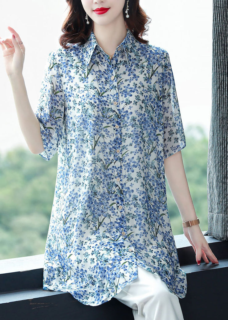 2024 Blue Peter Pan Collar Print Chiffon Long Blouse Top Half Sleeve