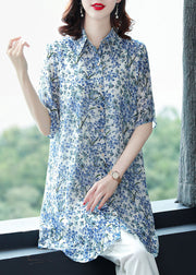 2024 Blue Peter Pan Collar Print Chiffon Long Blouse Top Half Sleeve