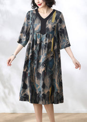 2024 Blue V Neck Print Wrinkled Dress Half Sleeve