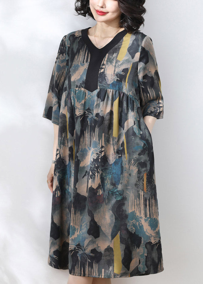 2024 Blue V Neck Print Wrinkled Dress Half Sleeve