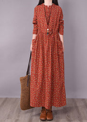 2024 Brick Red Cinched Print Linen Long Dress Long Sleeve