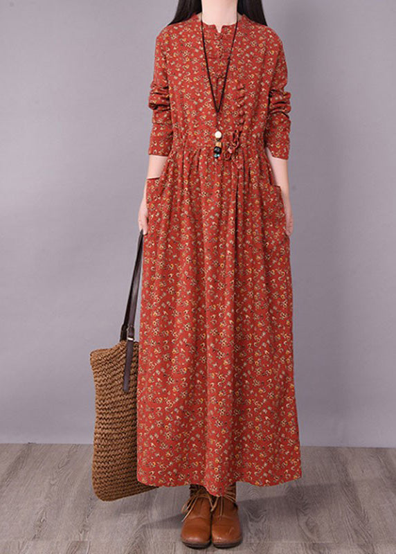 2024 Brick Red Cinched Print Linen Long Dress Long Sleeve