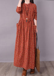 2024 Brick Red Cinched Print Linen Long Dress Long Sleeve