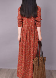 2024 Brick Red Cinched Print Linen Long Dress Long Sleeve