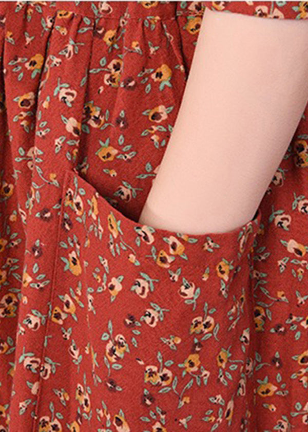 2024 Brick Red Cinched Print Linen Long Dress Long Sleeve