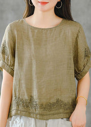 2024 Grass Green O-Neck Embroideried Ruffled Linen Tops Short Sleeve