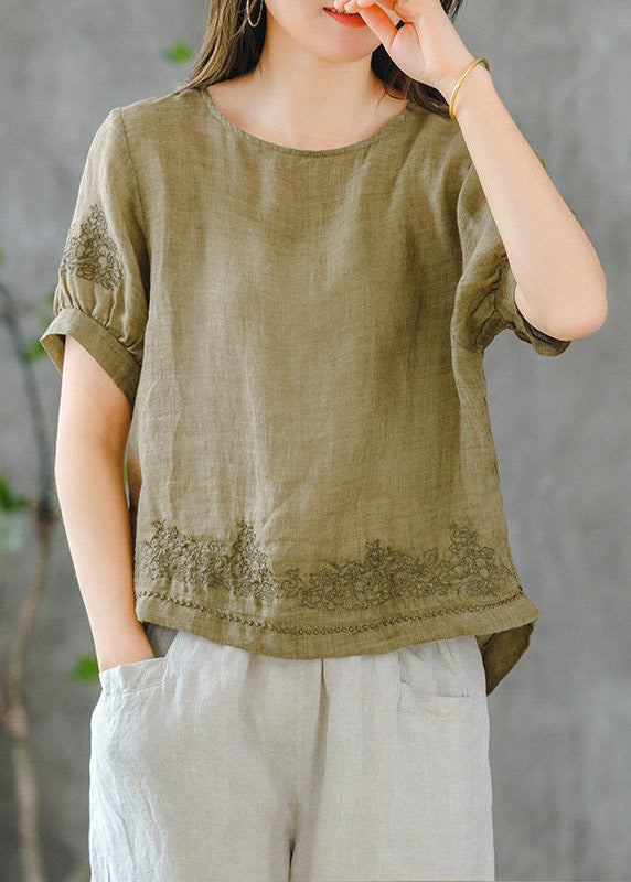 2024 Grass Green O-Neck Embroideried Ruffled Linen Tops Short Sleeve