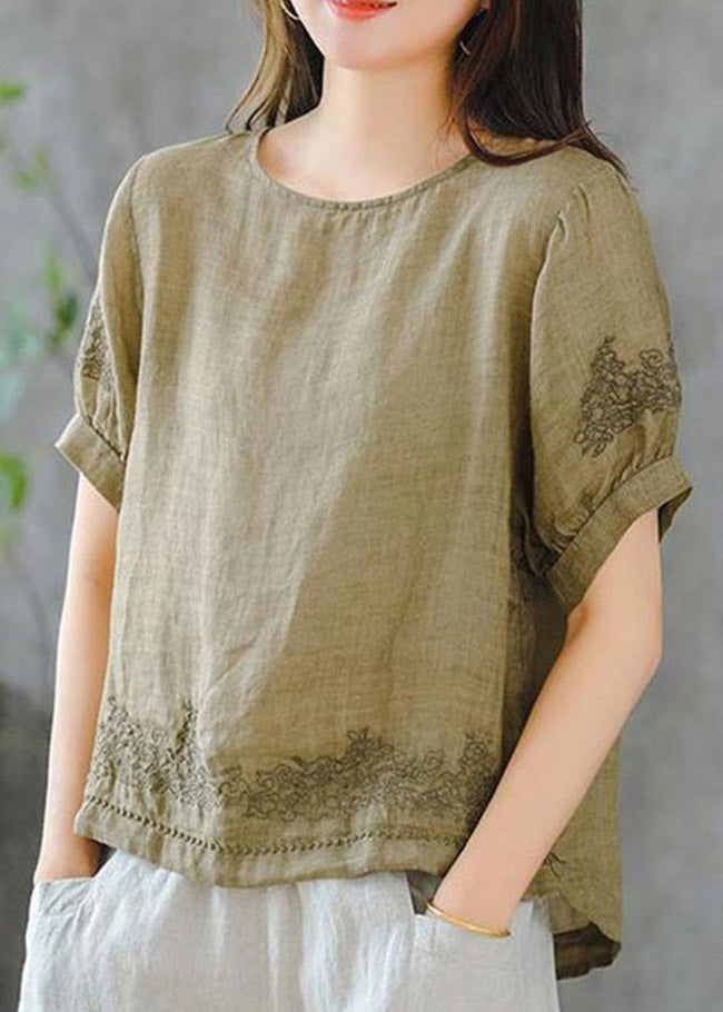 2024 Grass Green O-Neck Embroideried Ruffled Linen Tops Short Sleeve