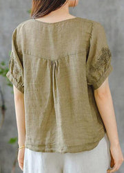 2024 Grass Green O-Neck Embroideried Ruffled Linen Tops Short Sleeve