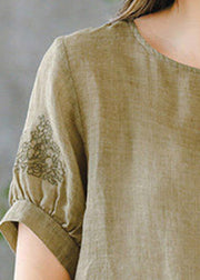 2024 Grass Green O-Neck Embroideried Ruffled Linen Tops Short Sleeve