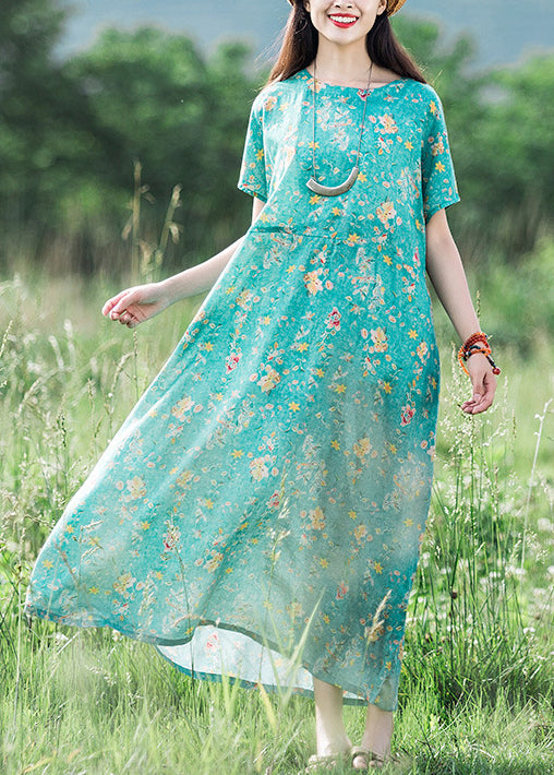 2024 Green O-Neck Print Linen Dress Short Sleeve