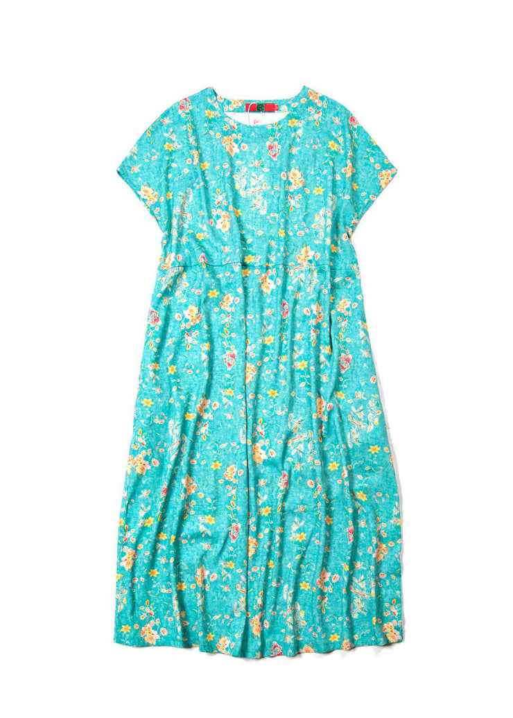 2024 Green O-Neck Print Linen Dress Short Sleeve