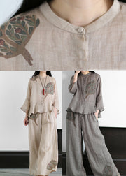 2024 Grey Stand Collar Print Linen Tops And Wide Leg Pants Two Piece Outfit flare sleeve