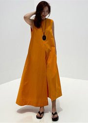 2024 Orange O-Neck Asymmetrical Pockets Cotton Long Dresses Sleeveless