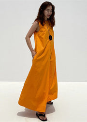 2024 Orange O-Neck Asymmetrical Pockets Cotton Long Dresses Sleeveless