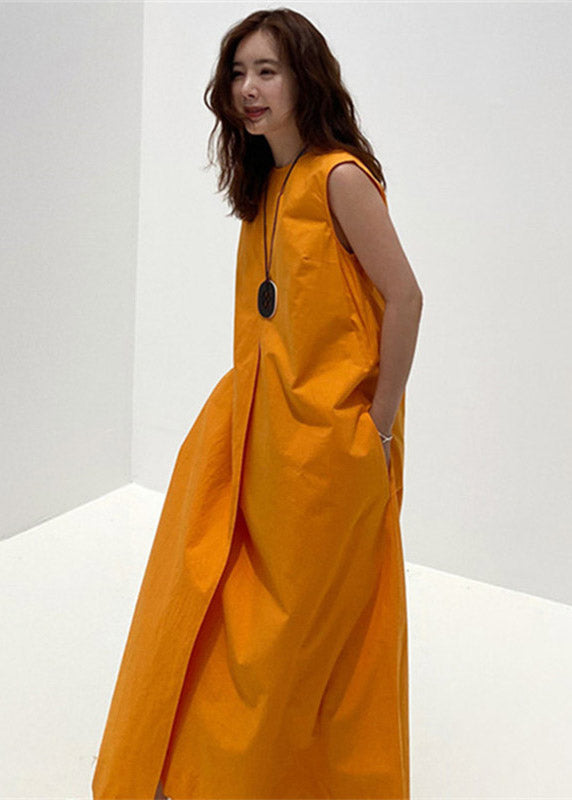 2024 Orange O-Neck Asymmetrical Pockets Cotton Long Dresses Sleeveless