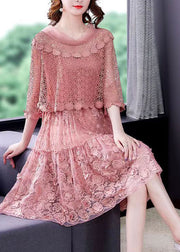 2024 Pink O-Neck Ruffled Patchwork Lace Dress Half Sleeve