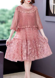 2024 Pink O-Neck Ruffled Patchwork Lace Dress Half Sleeve