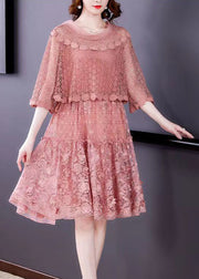 2024 Pink O-Neck Ruffled Patchwork Lace Dress Half Sleeve