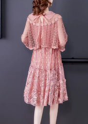 2024 Pink O-Neck Ruffled Patchwork Lace Dress Half Sleeve