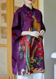 2024 Purple Mandarin Collar Side Open Print Silk Dresses Bracelet Sleeve