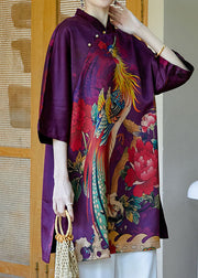 2024 Purple Mandarin Collar Side Open Print Silk Dresses Bracelet Sleeve