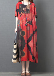 2024 Red O-Neck Print Cotton Beach Dress Short Sleeve