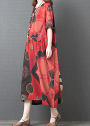 2024 Red O-Neck Print Cotton Beach Dress Short Sleeve