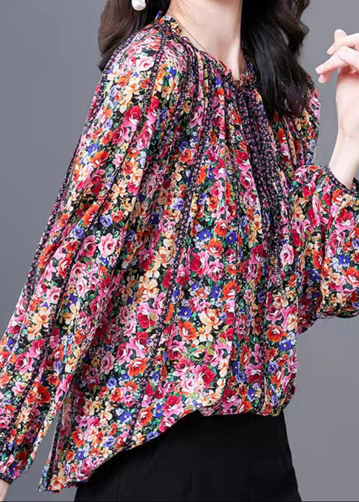 2024 Red Print Stand Collar Ruffled Silk Top Long sleeve