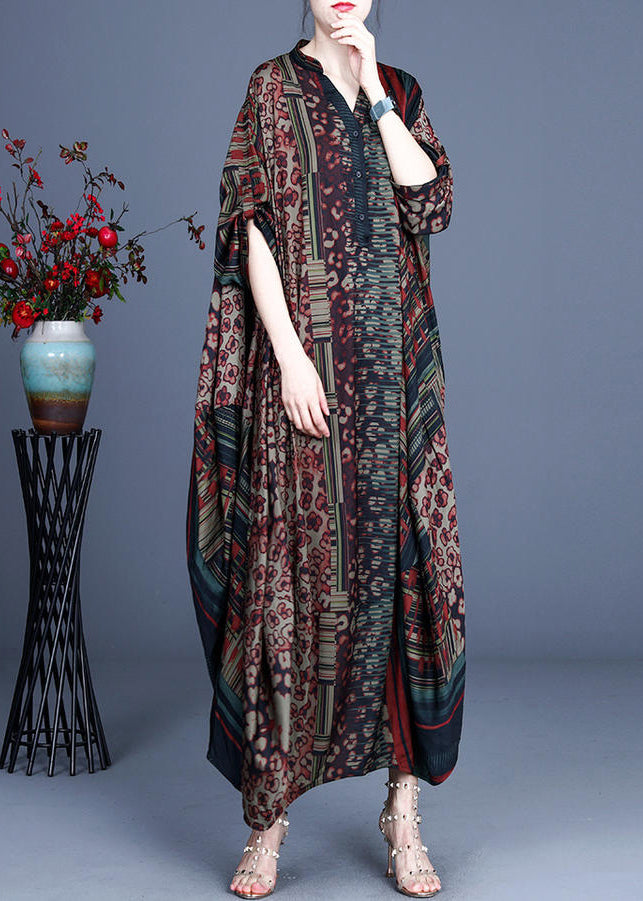 2024 Red V Neck Print Silk Long Dress Batwing Sleeve