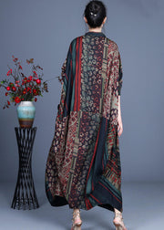 2024 Red V Neck Print Silk Long Dress Batwing Sleeve