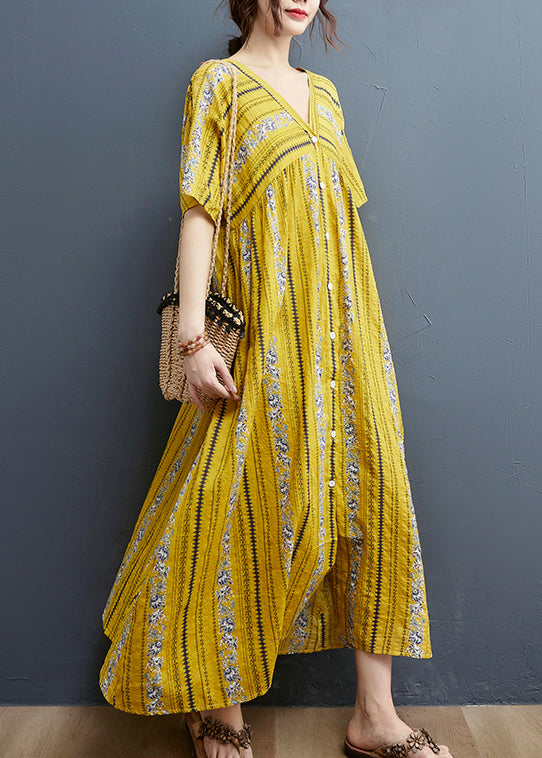 2024 Yellow Print Cotton Maxi Dresses Short Sleeve