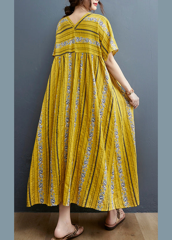 2024 Yellow Print Cotton Maxi Dresses Short Sleeve