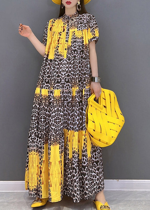 2024 Yellow Print Patchwork Long Dress Short Sleeve