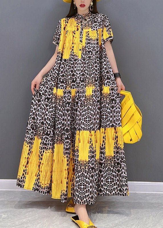 2024 Yellow Print Patchwork Long Dress Short Sleeve