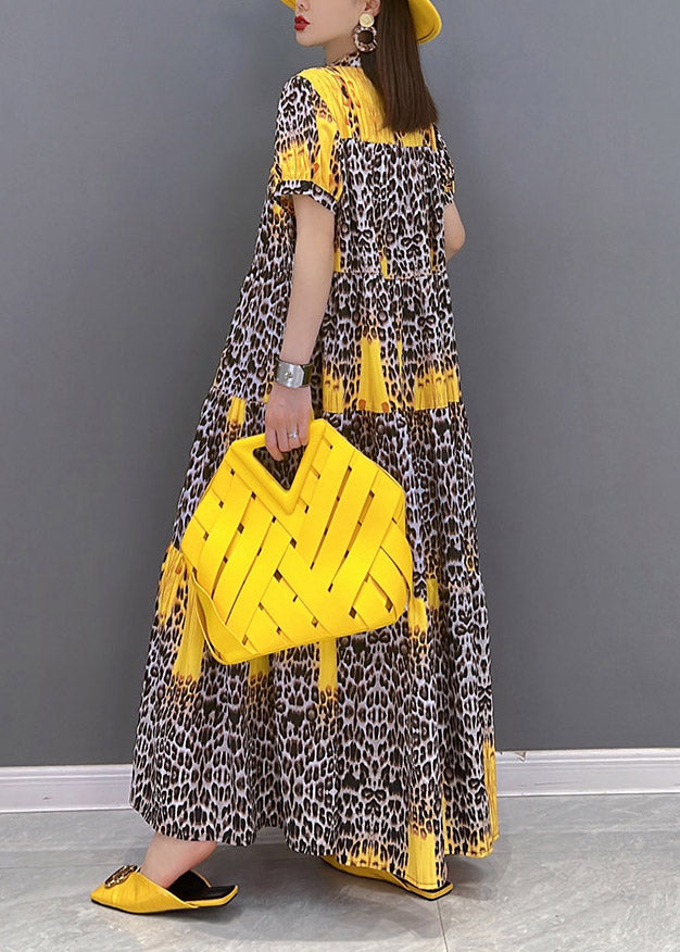 2024 Yellow Print Patchwork Long Dress Short Sleeve