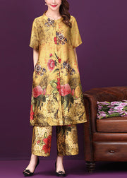 2024 Yellow Stand Collar Pockets Floral Print Silk Two Pieces Set Short Sleeve