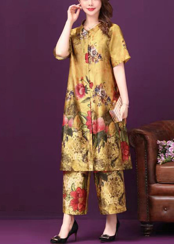 2024 Yellow Stand Collar Pockets Floral Print Silk Two Pieces Set Short Sleeve